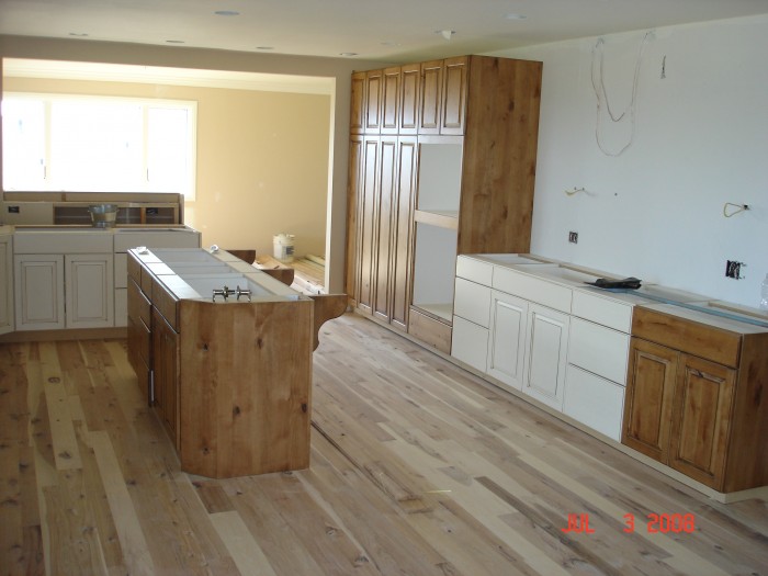 There will be a glass-fronted cabinet (white) here for Judy's good dishes.  Lots of pantry space.  Ovens go in &quot;wooden&quot; cabinets.