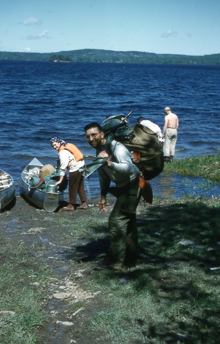 One guy carried the canoe, the other (Jim!) the motor, plus our packs!