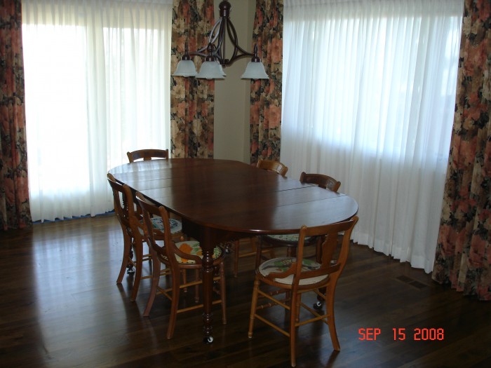 The dining room with table Jean L. gave us years ago, and chairs she needlepointed seats for, both mid-1800's, from Ft. Atkinson.