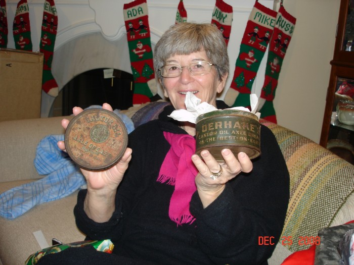 Judy's best present was a tin of Derhake Axel Grease from Mike, who found it on the web.