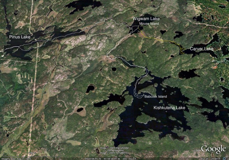 Map of our canoe route from Pinus Lake to Kishkutena