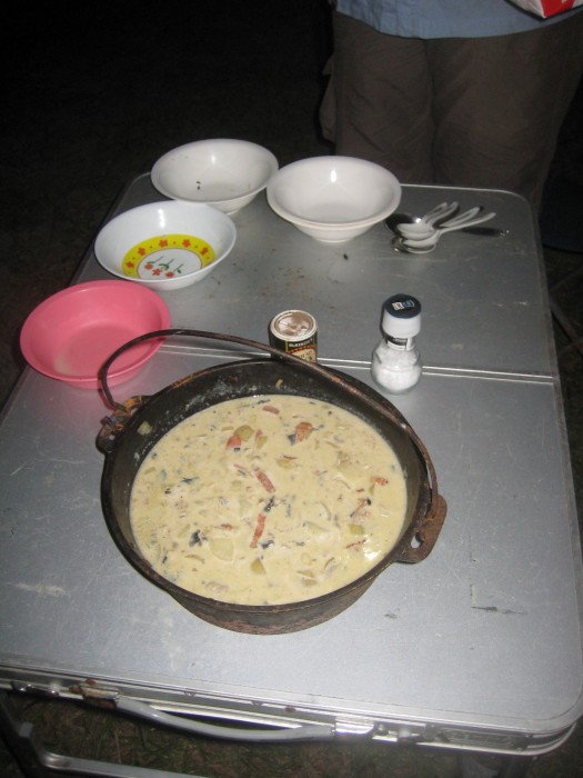 We planned to live off the land, which worked for once, and we had clam chowder the first night at the beach, thanks to chefs Chris and Ada