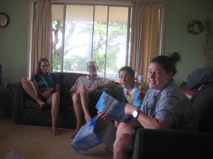 Emma was stoked with the kitchen appliance she got for Xmas, and we got a whole wardrobe of handmade tie-dye clothing from Chris and ada, not to mention bowls, knitting, and sewing.  Crafty devils......