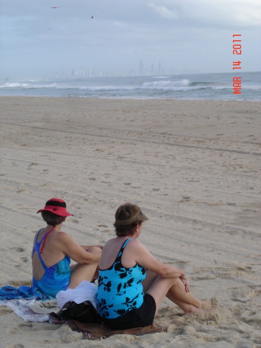 On the beach at the Gold Coast.  Surfer's Paradise in the distance.  We had a motel right on the beach.