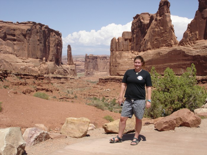 Emma at Park Avenue, Arches.  Easter Island statue in the background!