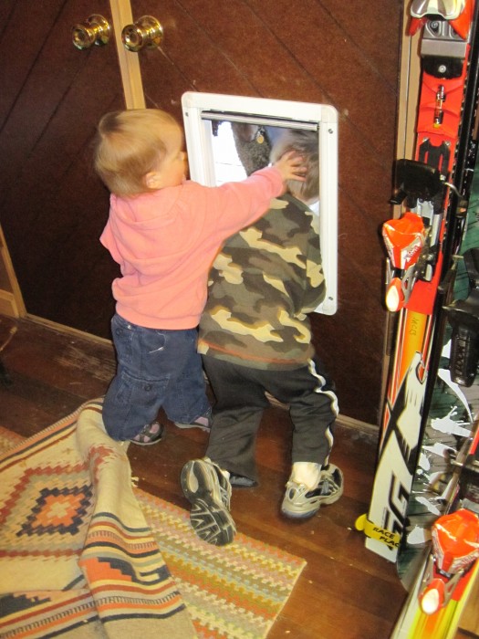 Amanda and Steven playing in the dog door at Dave's