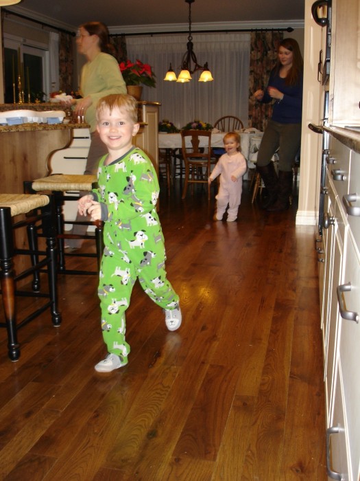 Deirdre chasing Amanda chasing Steven around the house.