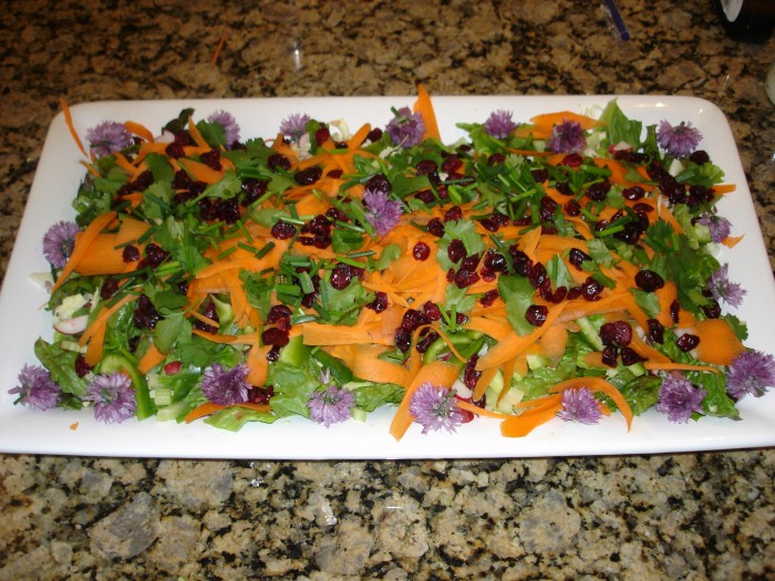 Ada had us put the chive blossoms on the salad along with the crasins.  They were spicy good!