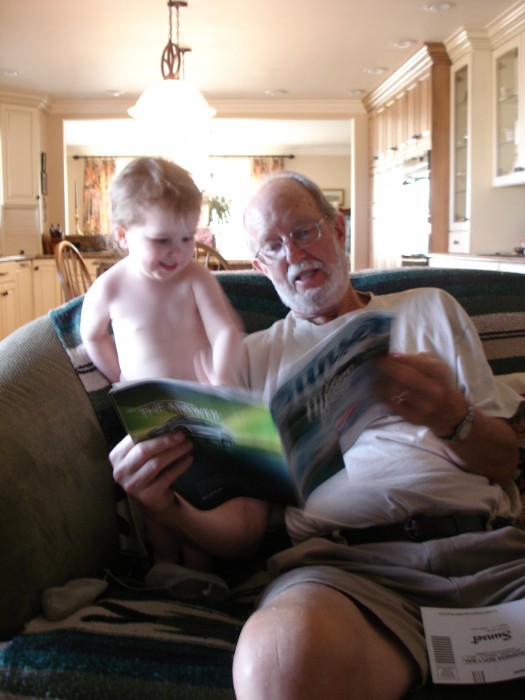 At bath time Grampa read the recipies out of Sunset Magazine to Amanda