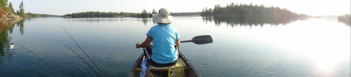 This is a panorama of the opposite side of our island. Carrie and I leaving camp for fishing.