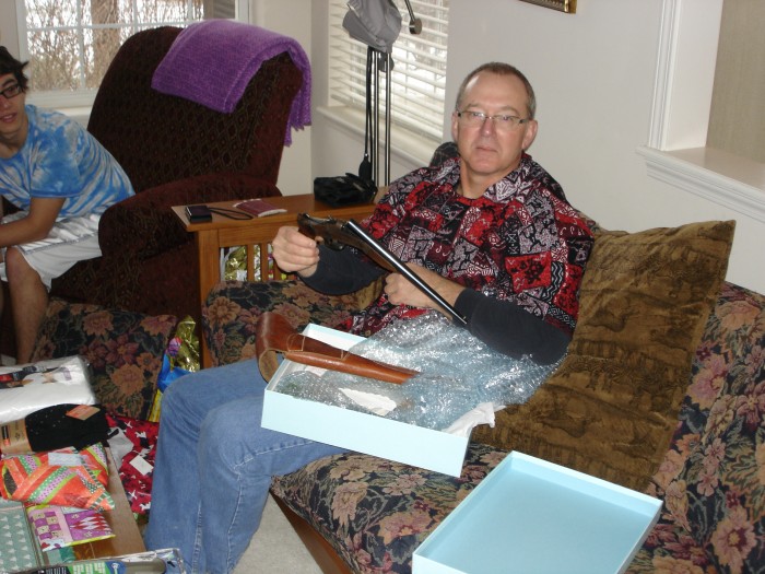 Jon took posession of the &quot;Handy Gun.&quot; Nice shirt, Ada!