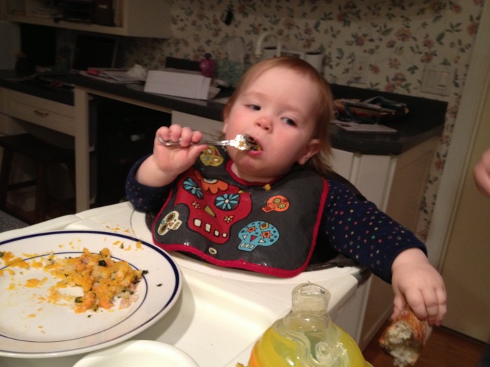 It was a bad idea to give her that much bread.  She was up way past her bedtime trying to burn it off.