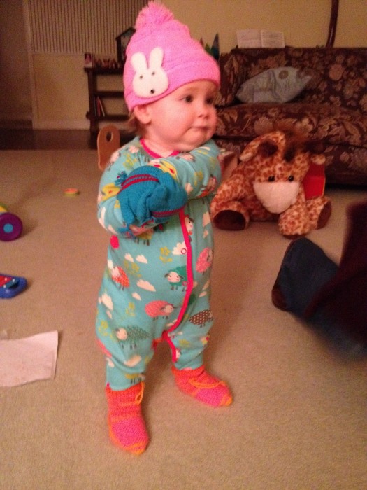 Sarah got her these hat, slipper, and mitten set for xmas.  She loves to put the on.