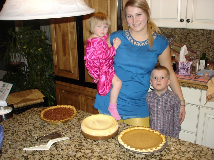 Deirdre made two pumpkin cheese cakes and Gramma made pumpkin and chocolate pecan pies!  Yum!