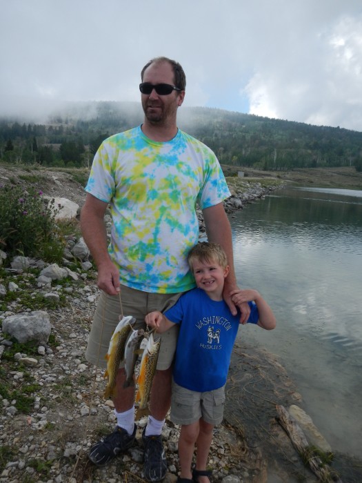 Jason and Steven with a couple of tiger trout and a nice little rainbow from Wrigley Reservoir.   Steven caught his with a reall grasshopper, which he loved catching, Jason with an artificial on fly the larger one.  Tigers a hybrid between brown and brook trout.