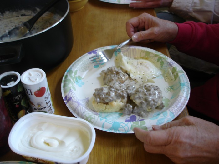 Biscuits and sausage gravey for breakfast.