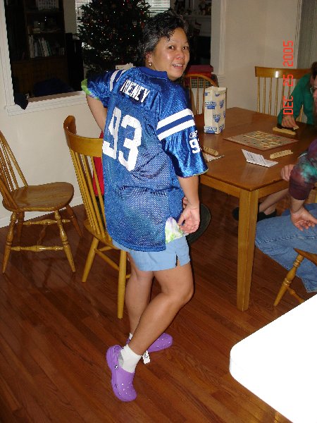 Here is our hostess!  She is an avid Colts fan and got a Freeney jersey, here worn over her new tie dye T shirt, new shorts, and new shoes!