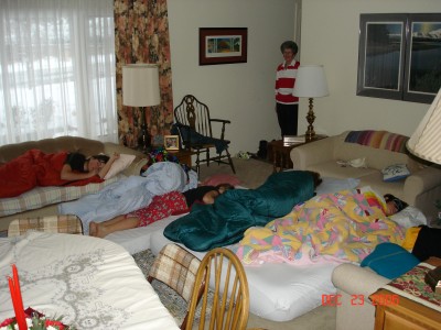 Beds in the living room for Katie and Emma, and for Michaela and Deirdre, who spent the night.