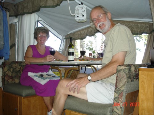 Camping is all about eating well!  The wine is a Gramp's, S. Austr.!