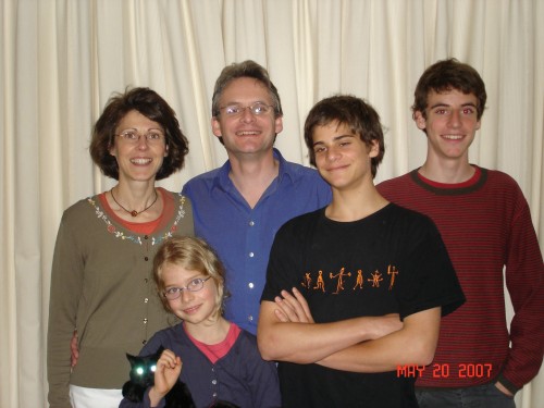 The family Lambrecht:  Francoise, Phillipe, Denis (14), and Olivier (17), with Marine (8, I think!) with Boudin, the chat.