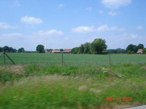 There are lots of power generating windmills in this part of Germany.  The buildins are all brick - we saw no wooden homes or farms.  The country is very flat, much like northern Illinois.